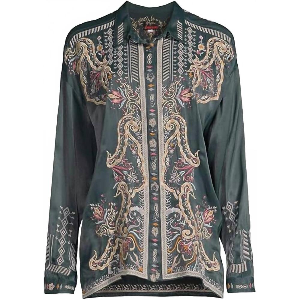 NEW JOHNNY WAS women's tandit embroidered blouse in darkest spruce - Picture 5 of 5